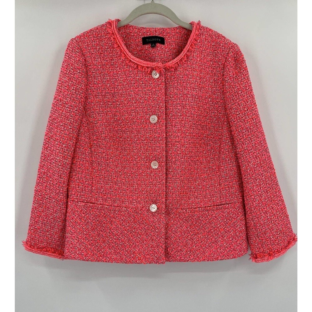 Talbots Tweed Blazer Jacket Women's 12 Hot Pink Fringe Trim 3/4 Sleeves Lined